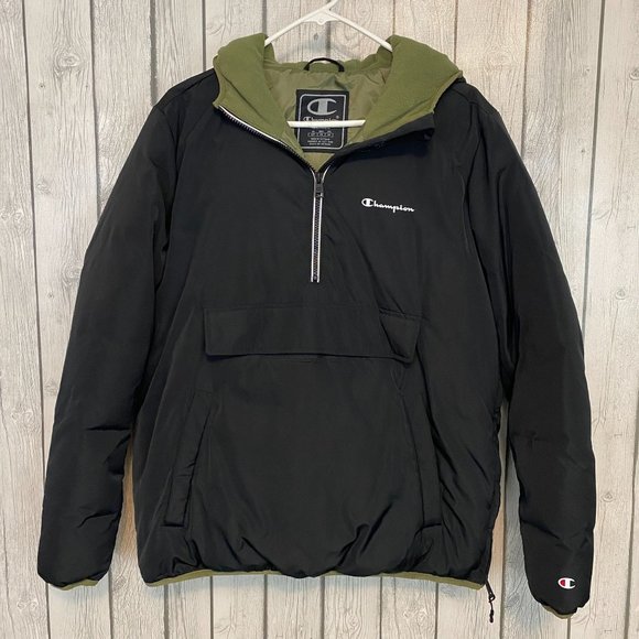 Champion Mens Black Packable Quarter Zip Hooded Jacket Tech Filled, Pocket, S - Picture 1 of 9